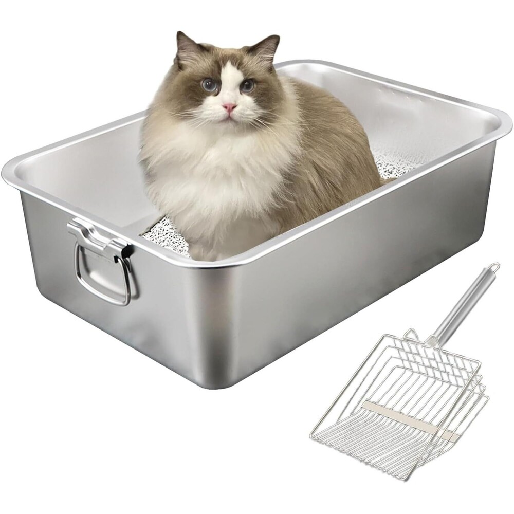 Cat Litter Box Stainless Steel Rustproof with handle, includes Litter Scoop